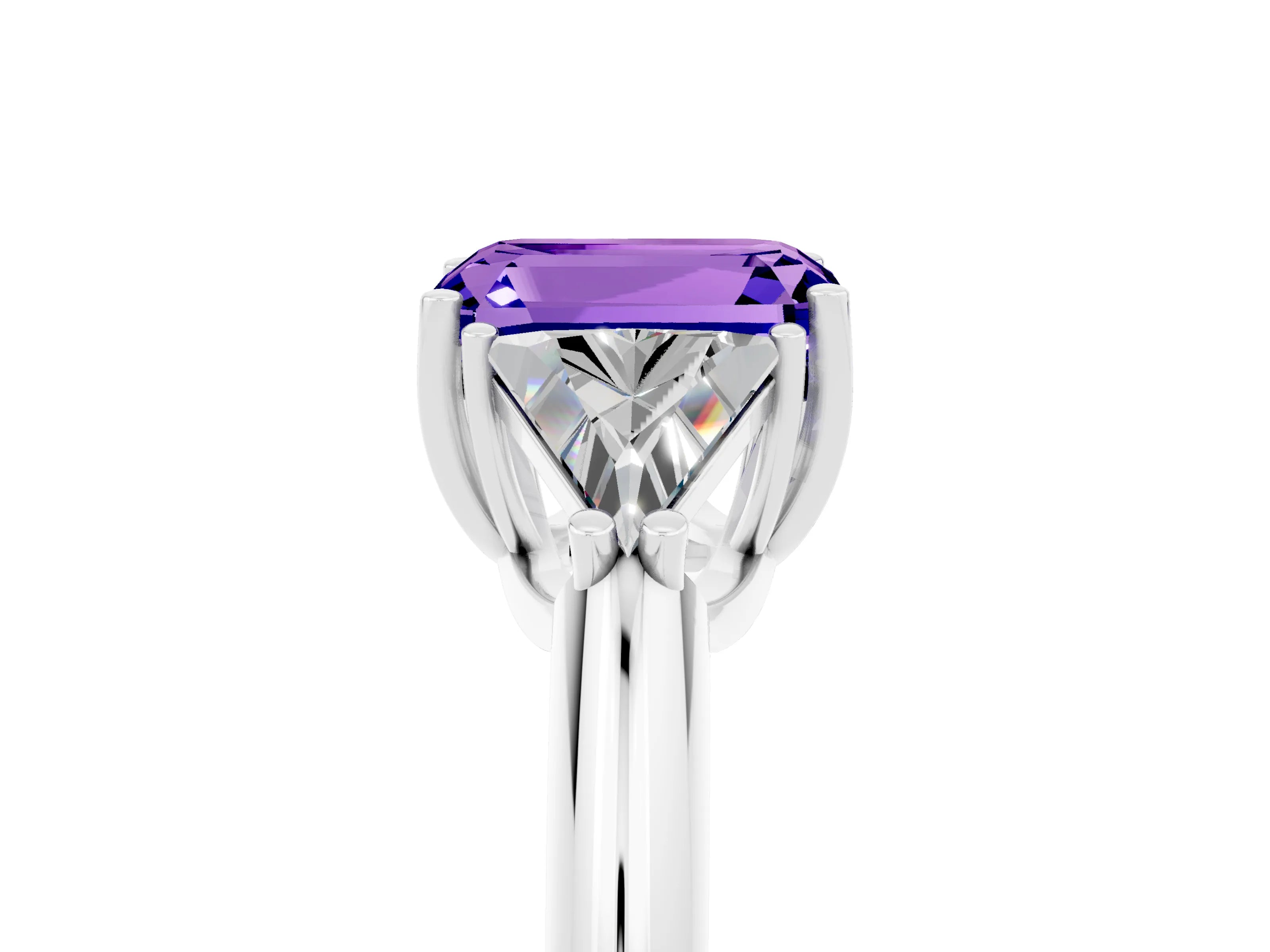 White gold Three-Stone Emerald Cut Cut Diamond Ring with Trillion Side Stones and Four-Prong Setting_5