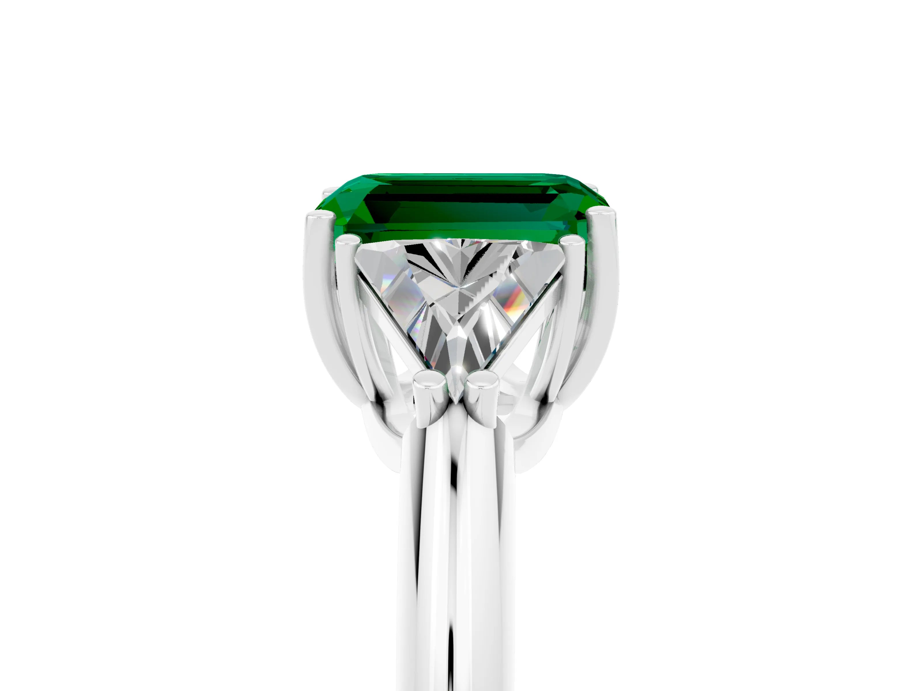 White gold Three-Stone Emerald Cut Cut Diamond Ring with Trillion Side Stones and Four-Prong Setting_5