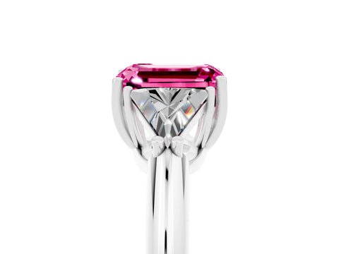 White gold Three-Stone Emerald Cut Cut Diamond Ring with Trillion Side Stones and Four-Prong Setting_5