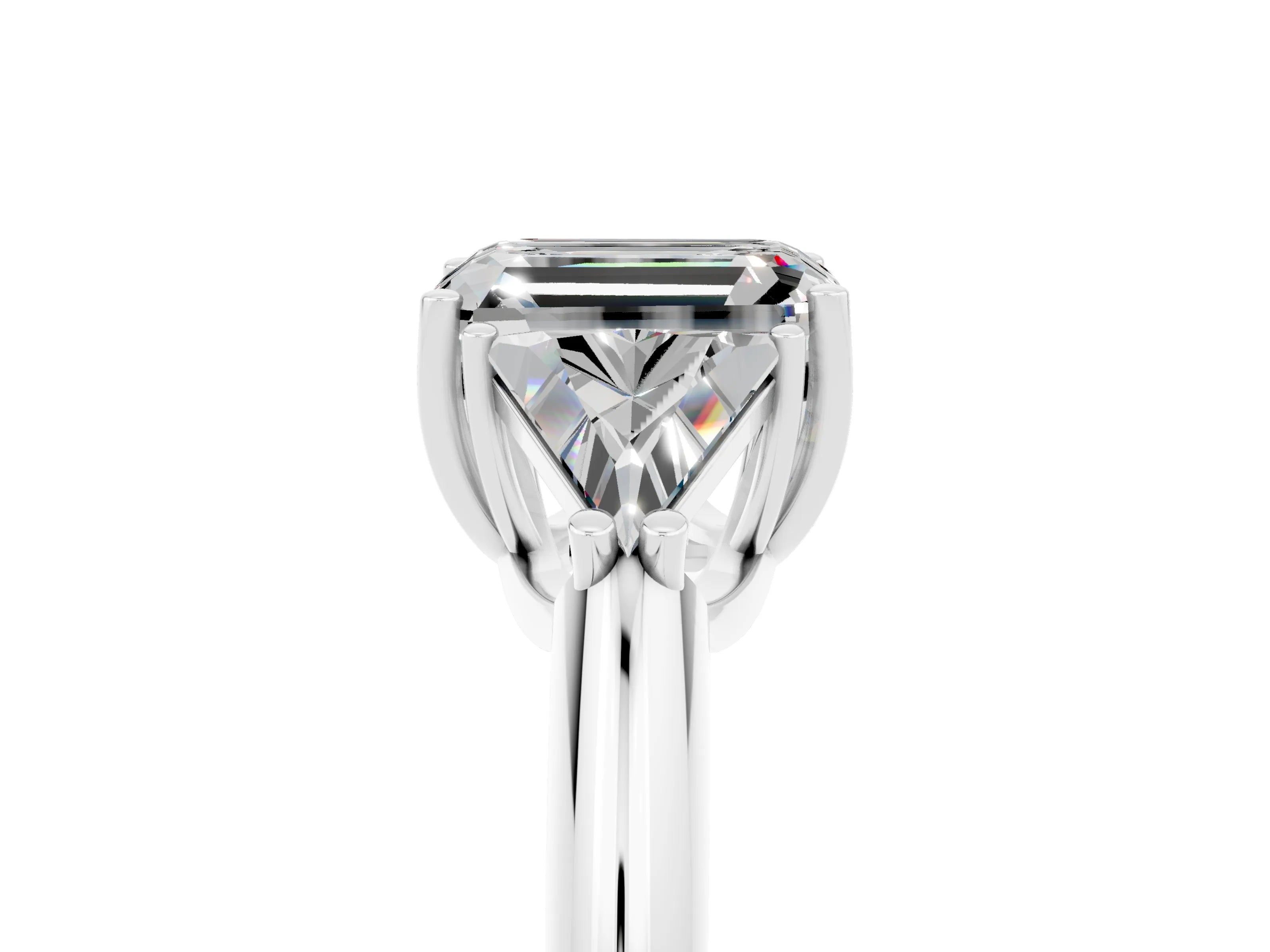 White gold Three-Stone Emerald Cut Cut Diamond Ring with Trillion Side Stones and Four-Prong Setting_5