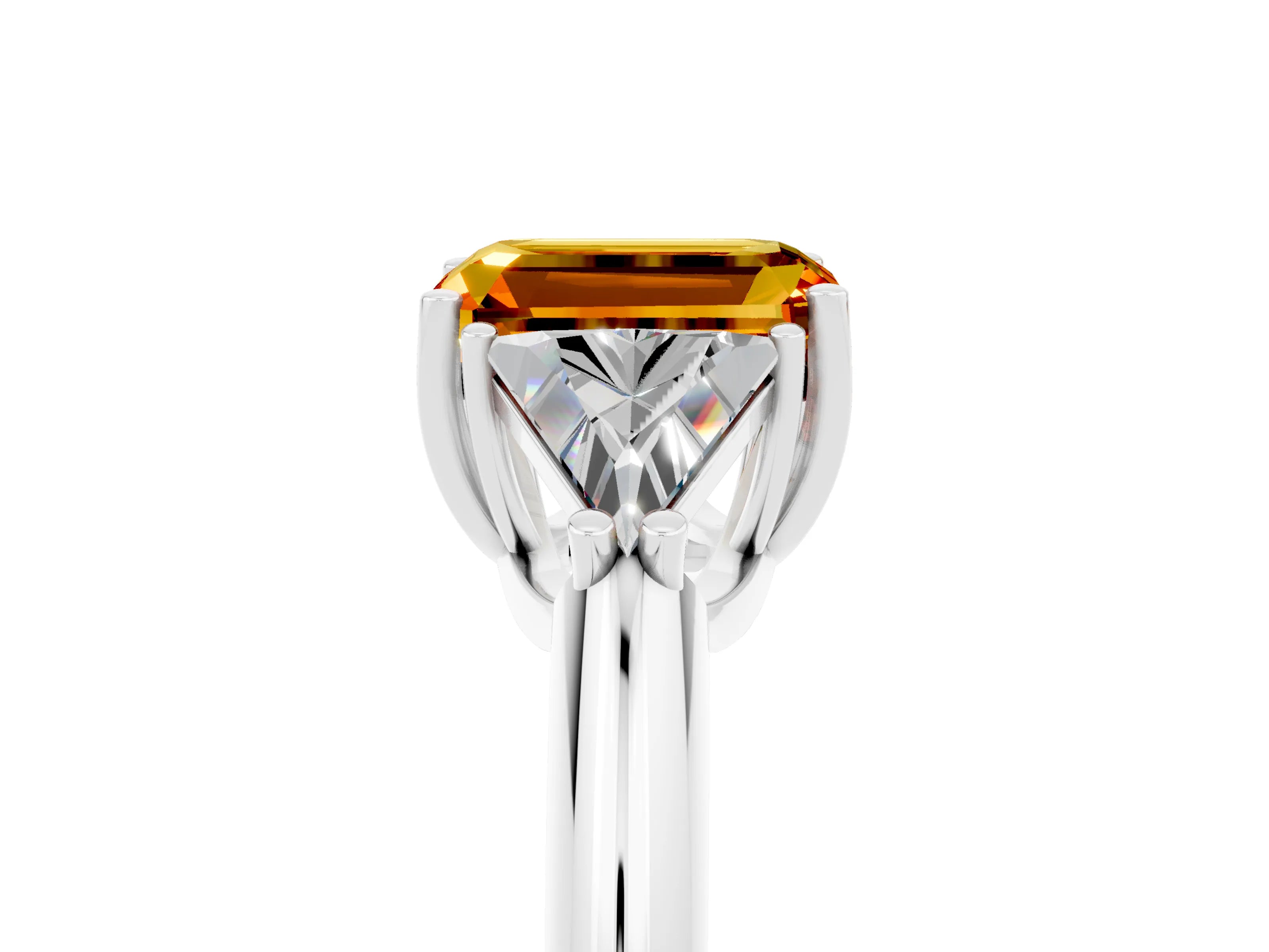 White gold Three-Stone Emerald Cut Cut Diamond Ring with Trillion Side Stones and Four-Prong Setting_5