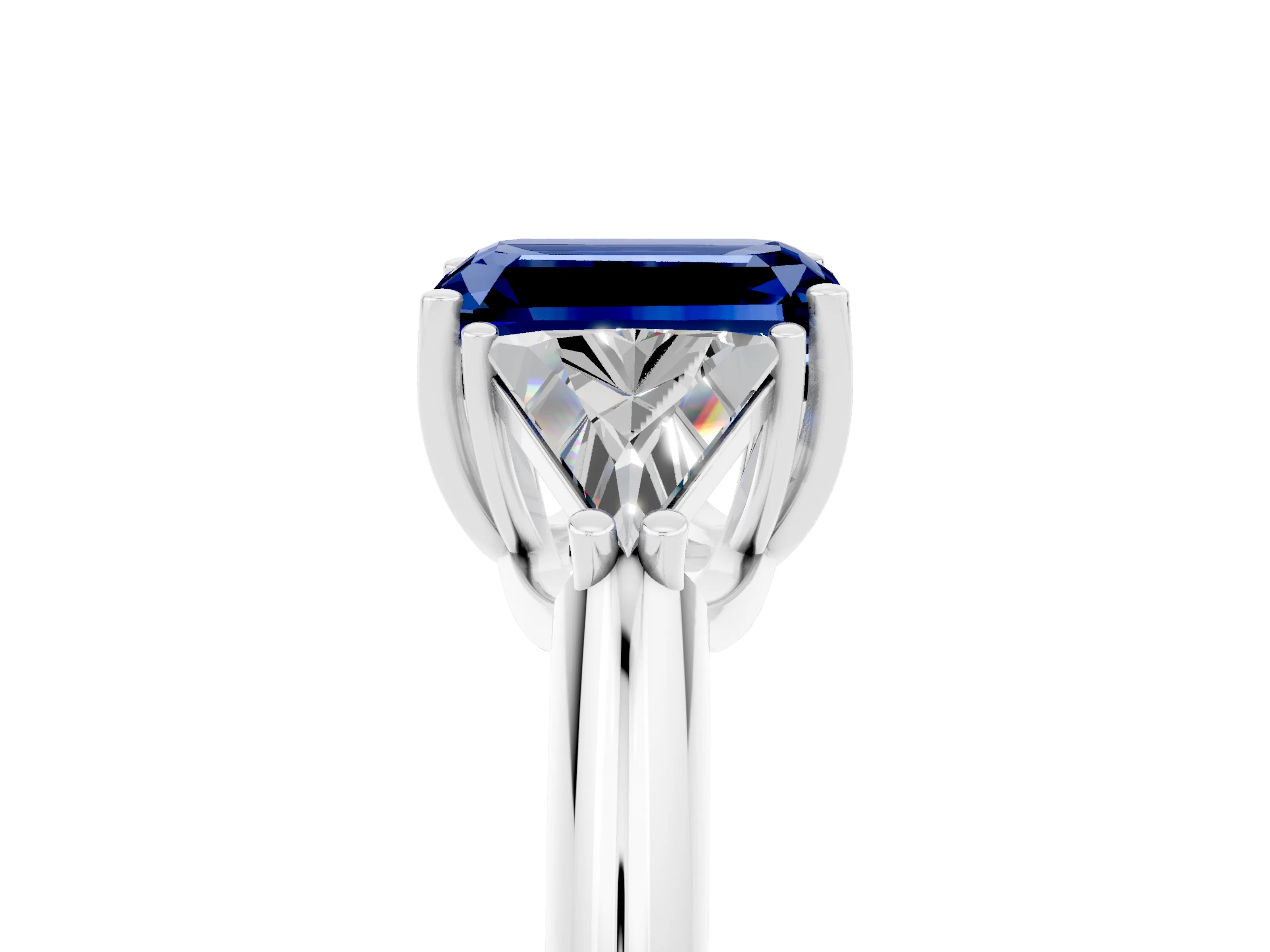 White gold Three-Stone Emerald Cut Cut Diamond Ring with Trillion Side Stones and Four-Prong Setting_5
