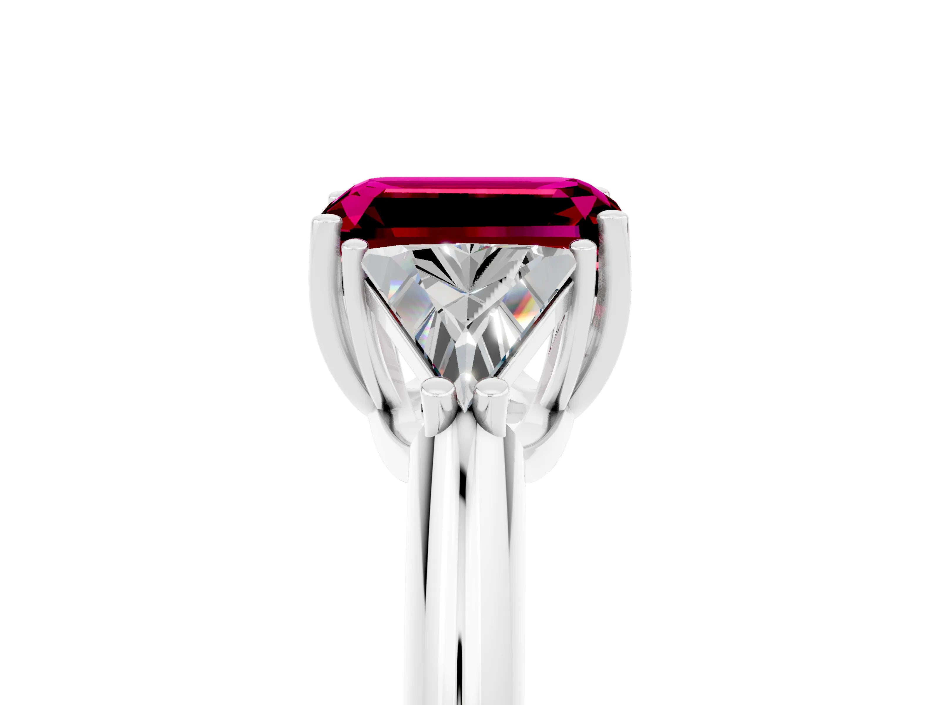 White gold Three-Stone Emerald Cut Cut Diamond Ring with Trillion Side Stones and Four-Prong Setting_5