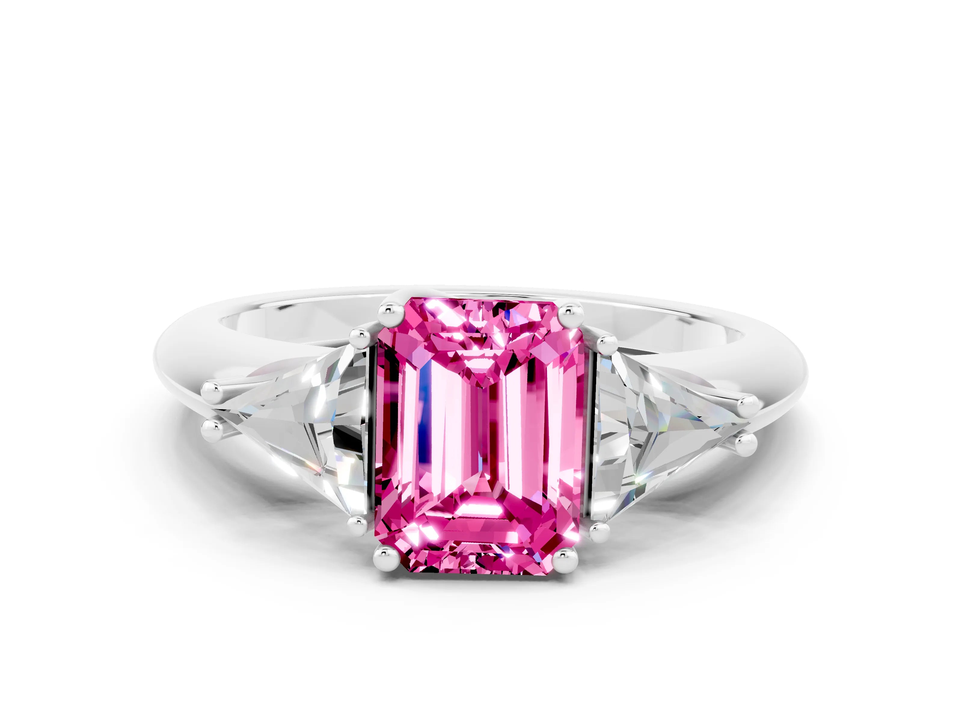 White gold Three-Stone Emerald Cut Cut Diamond Ring with Trillion Side Stones and Four-Prong Setting