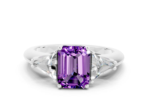 White gold Three-Stone Emerald Cut Amethyst Engagement Ring with Trillion Side Stones and Prong Setting