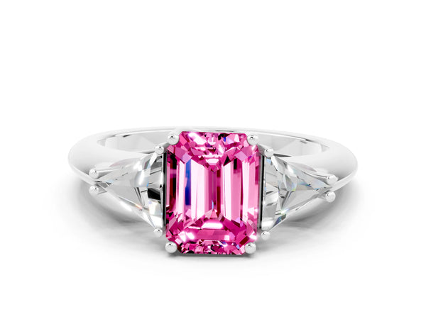 White gold Three-Stone Emerald Cut Pink Sapphire Engagement Ring with Trillion Side Stones and Prong Setting