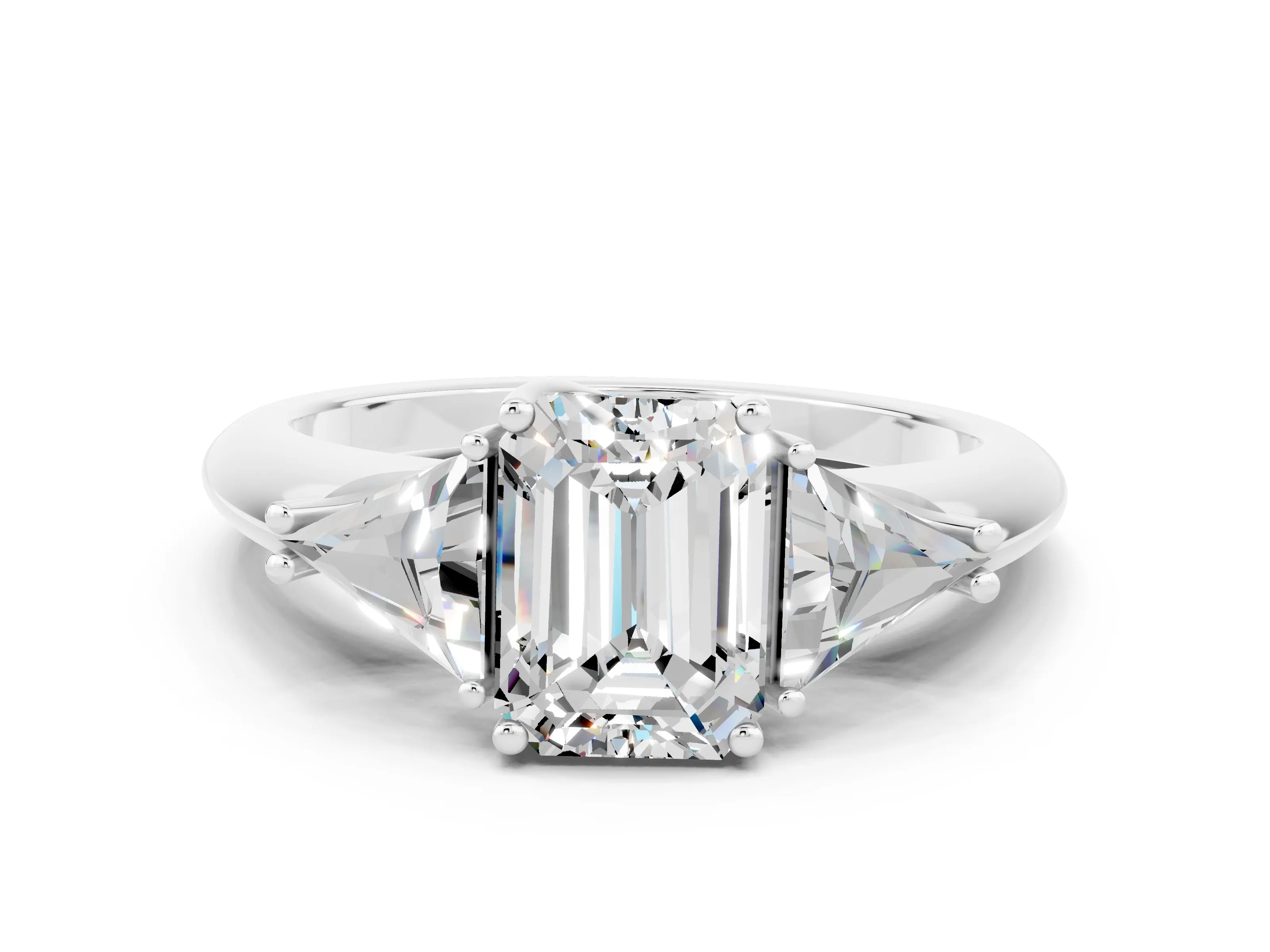 White gold Three-Stone Emerald Cut Cut Diamond Ring with Trillion Side Stones and Four-Prong Setting
