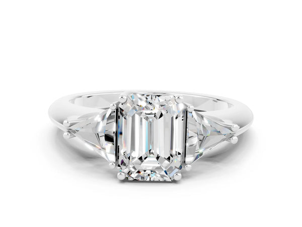 White gold Three-Stone Emerald Cut Moissanite Engagement Ring with Trillion Side Stones and Prong Setting