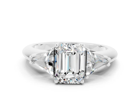 White gold Three-Stone Emerald Cut Cut Diamond Ring with Trillion Side Stones and Four-Prong Setting