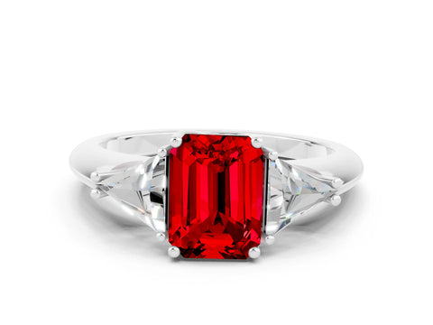 White gold Three-Stone Emerald Cut Cut Diamond Ring with Trillion Side Stones and Four-Prong Setting