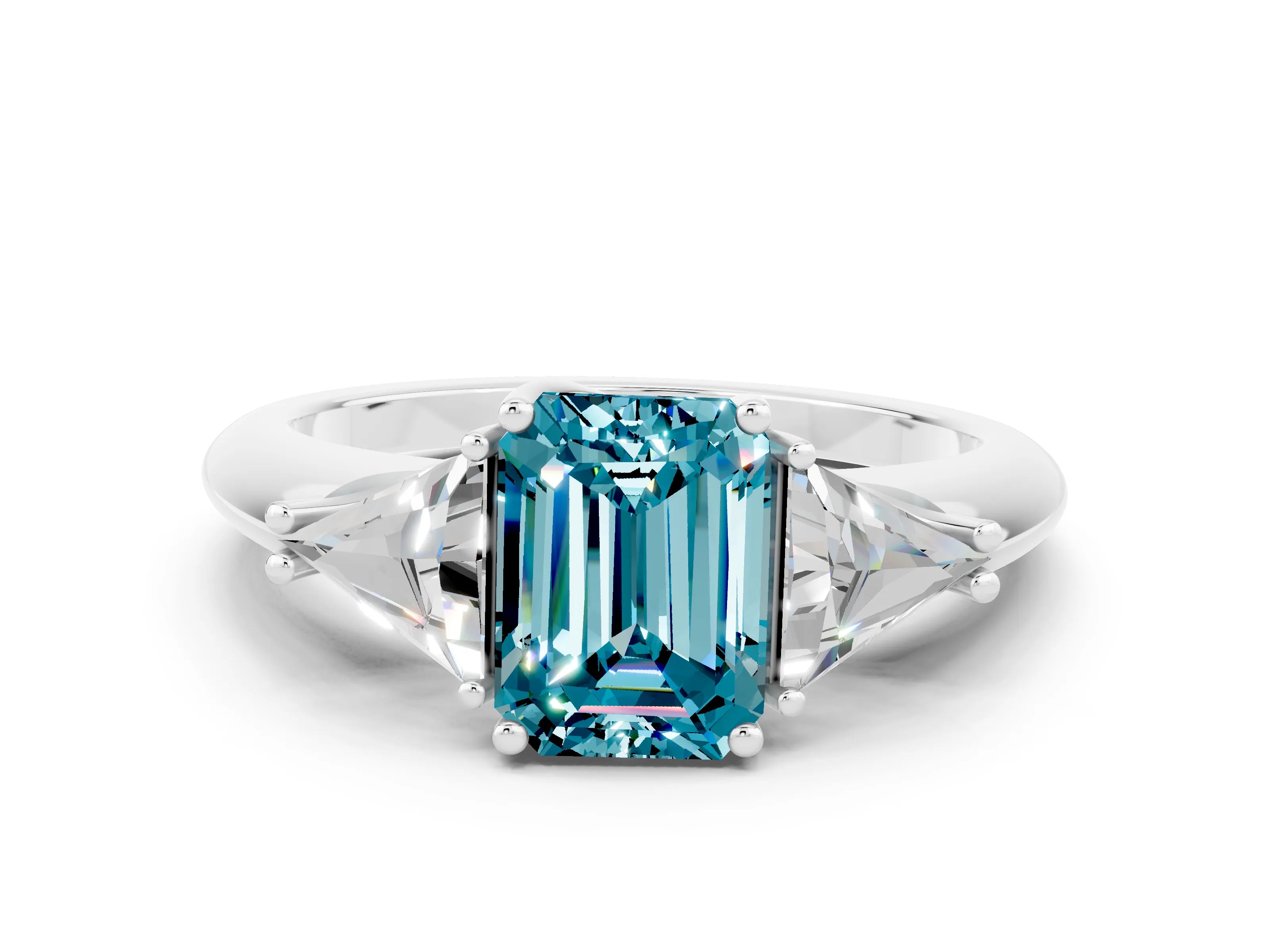 White gold Three-Stone Emerald Cut Cut Diamond Ring with Trillion Side Stones and Four-Prong Setting