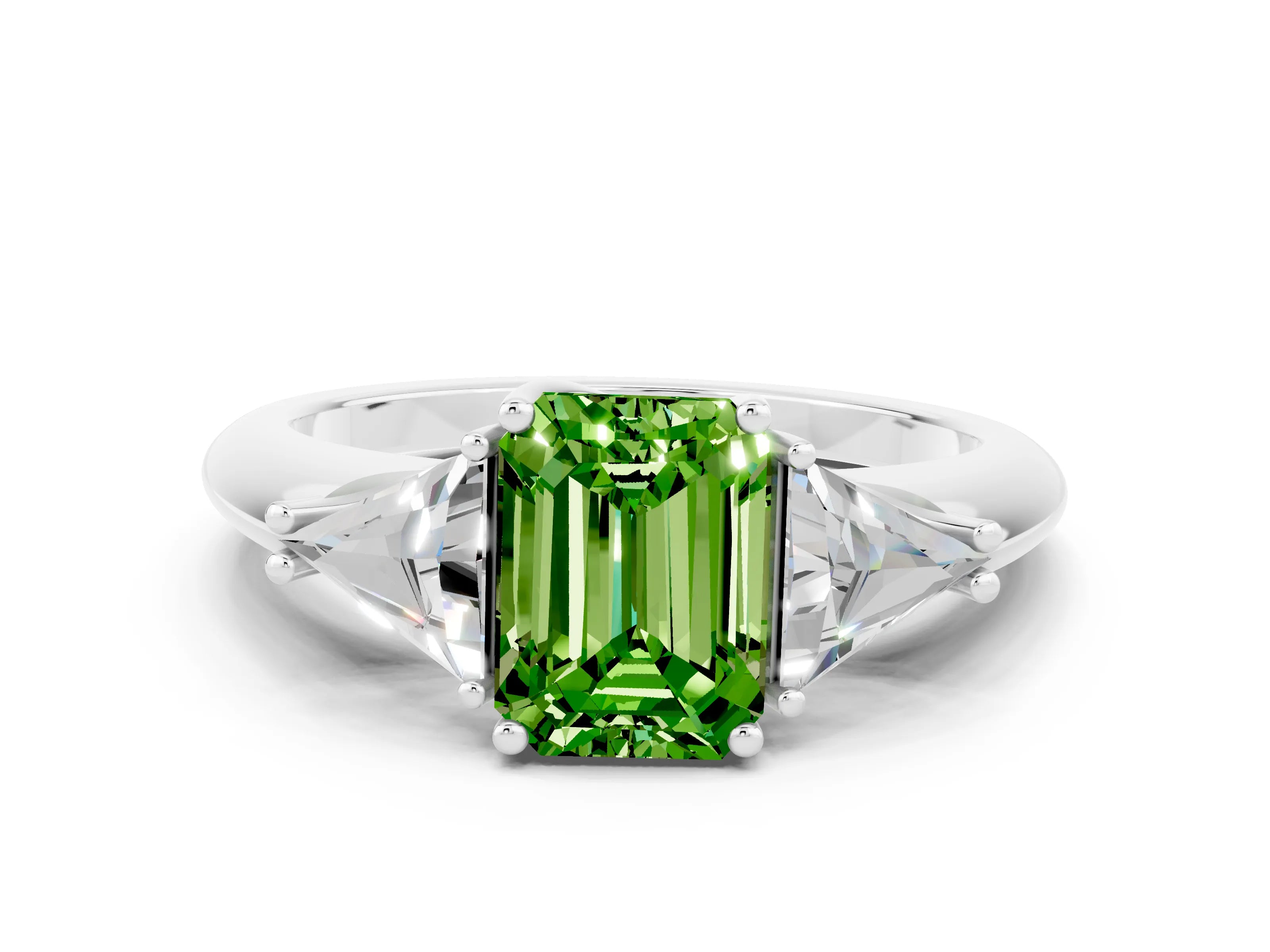 White gold Three-Stone Emerald Cut Cut Diamond Ring with Trillion Side Stones and Four-Prong Setting