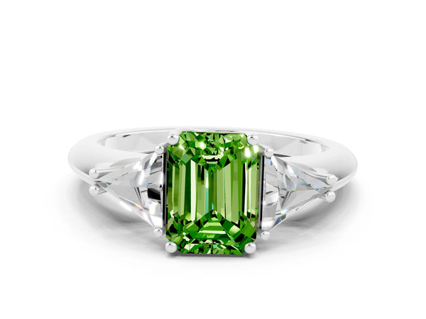 Platinum Three-Stone Emerald Cut Cut Diamond Ring with Trillion Side Stones and Four-Prong Setting