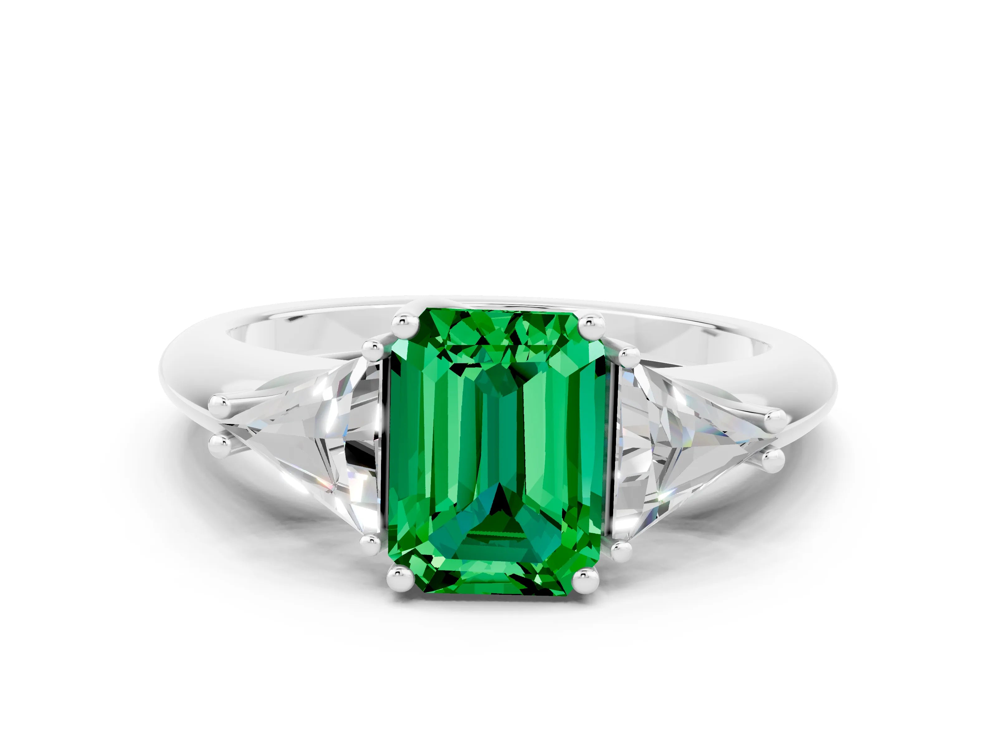White gold Three-Stone Emerald Cut Cut Diamond Ring with Trillion Side Stones and Four-Prong Setting