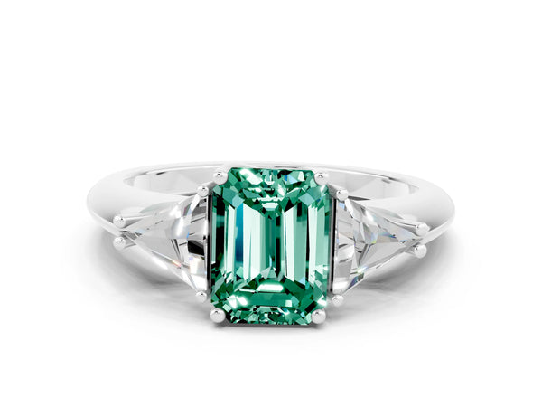 Platinum Three-Stone Emerald Cut Green Sapphire Engagement Ring with Trillion Side Stones and Prong Setting