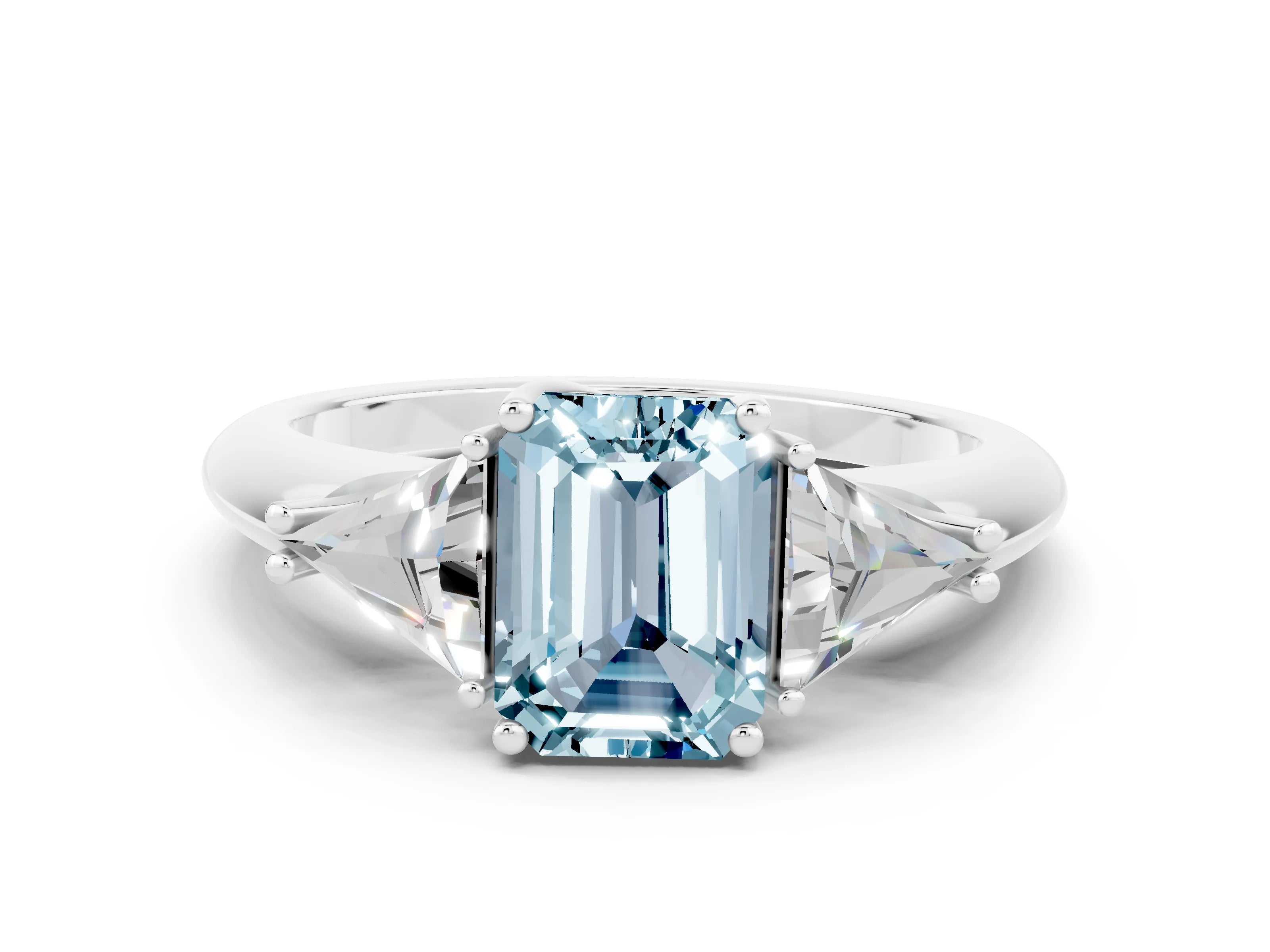White gold Three-Stone Emerald Cut Cut Diamond Ring with Trillion Side Stones and Four-Prong Setting