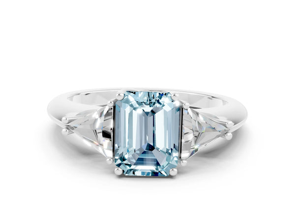 White gold Three-Stone Emerald Cut Aquamarine Engagement Ring with Trillion Side Stones and Prong Setting