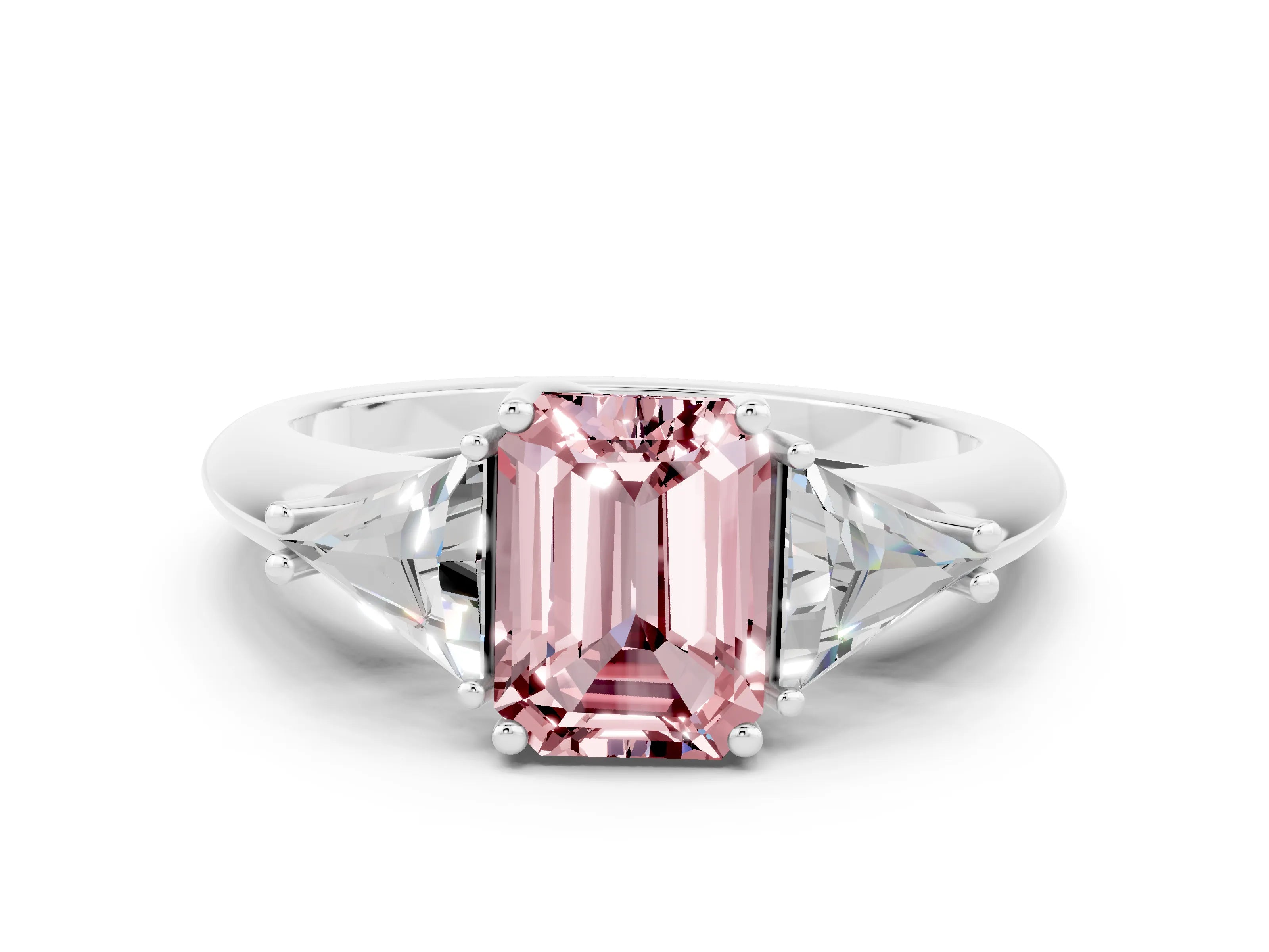 White gold Three-Stone Emerald Cut Cut Diamond Ring with Trillion Side Stones and Four-Prong Setting
