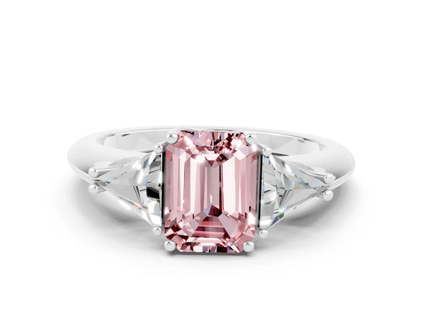 Platinum Three-Stone Emerald Cut Cut Diamond Ring with Trillion Side Stones and Four-Prong Setting