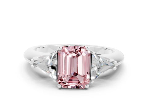 White gold Three-Stone Emerald Cut Cut Diamond Ring with Trillion Side Stones and Four-Prong Setting