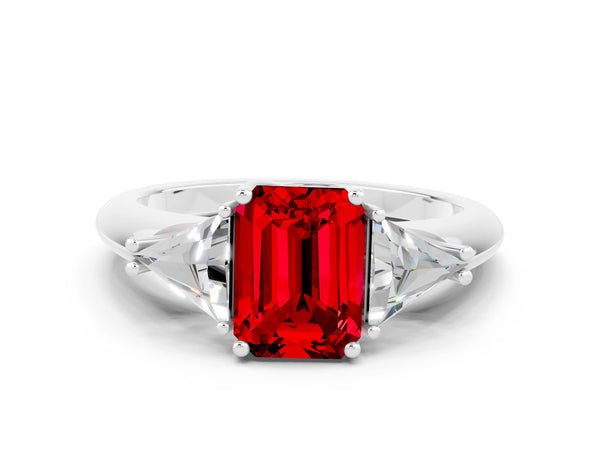 Platinum Three-Stone Emerald Cut Ruby Engagement Ring with Trillion Side Stones and Prong Setting