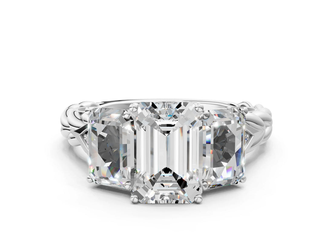 White gold Three-Stone Emerald Cut Diamond Braided Band Ring with Four-Prong Setting_104