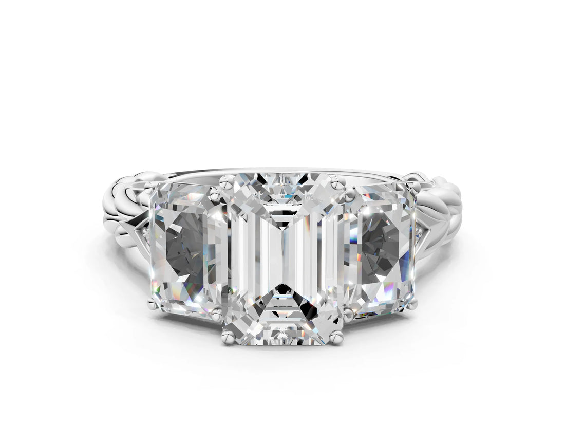 10K White Gold Three-Stone 1.60 Carat D VS1 Emerald Diamond Braided Band Ring with Four-Prong Setting