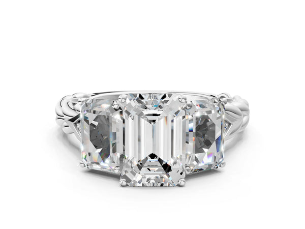 10K White Gold Three-Stone 1.60 Carat D VS1 Emerald Diamond Braided Band Ring with Four-Prong Setting