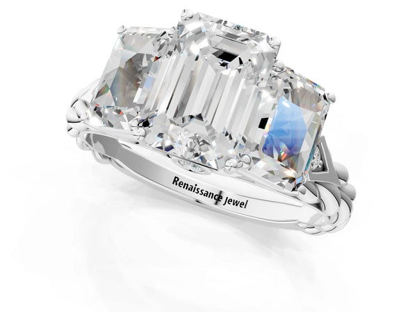 10K White Gold Three-Stone 1.60 Carat D VS1 Emerald Diamond Braided Band Ring with Four-Prong Setting