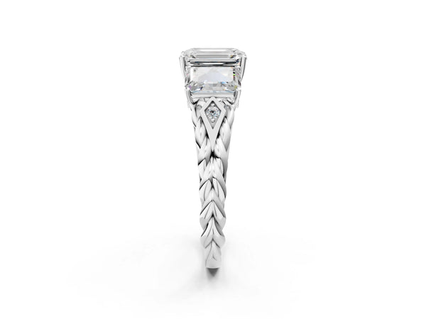 10K White Gold Three-Stone 1.60 Carat D VS1 Emerald Diamond Braided Band Ring with Four-Prong Setting