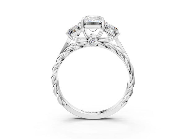 10K White Gold Three-Stone 1.60 Carat D VS1 Emerald Diamond Braided Band Ring with Four-Prong Setting