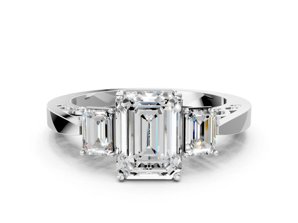White gold Three-Stone Emerald Cut Diamond Cathedral Engagement Ring with Prong Setting