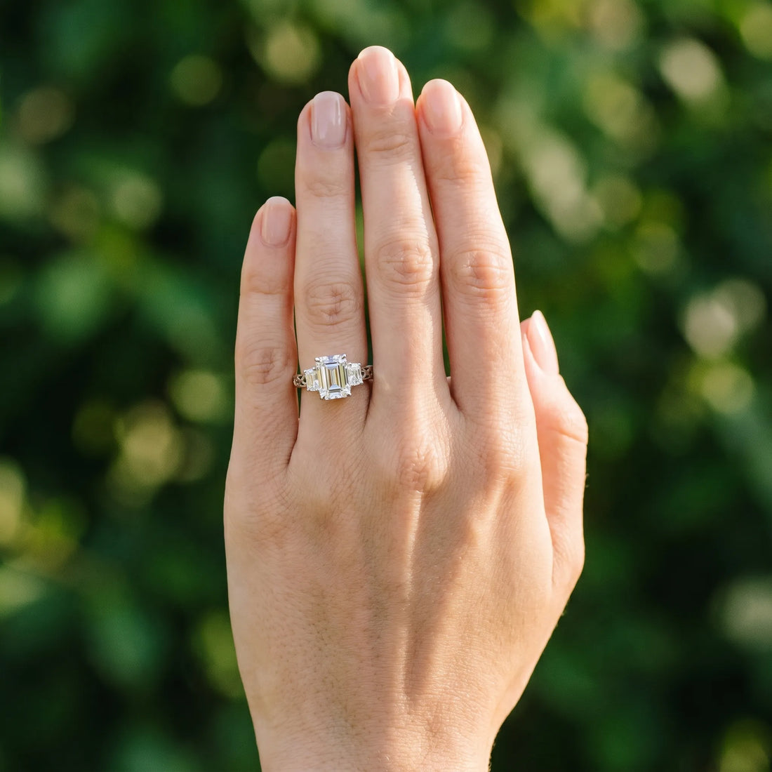 White gold Three-Stone Emerald Cut Diamond Cathedral Engagement Ring with Prong Setting_6