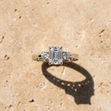 White gold Three-Stone Emerald Cut Diamond Cathedral Engagement Ring with Prong Setting_9