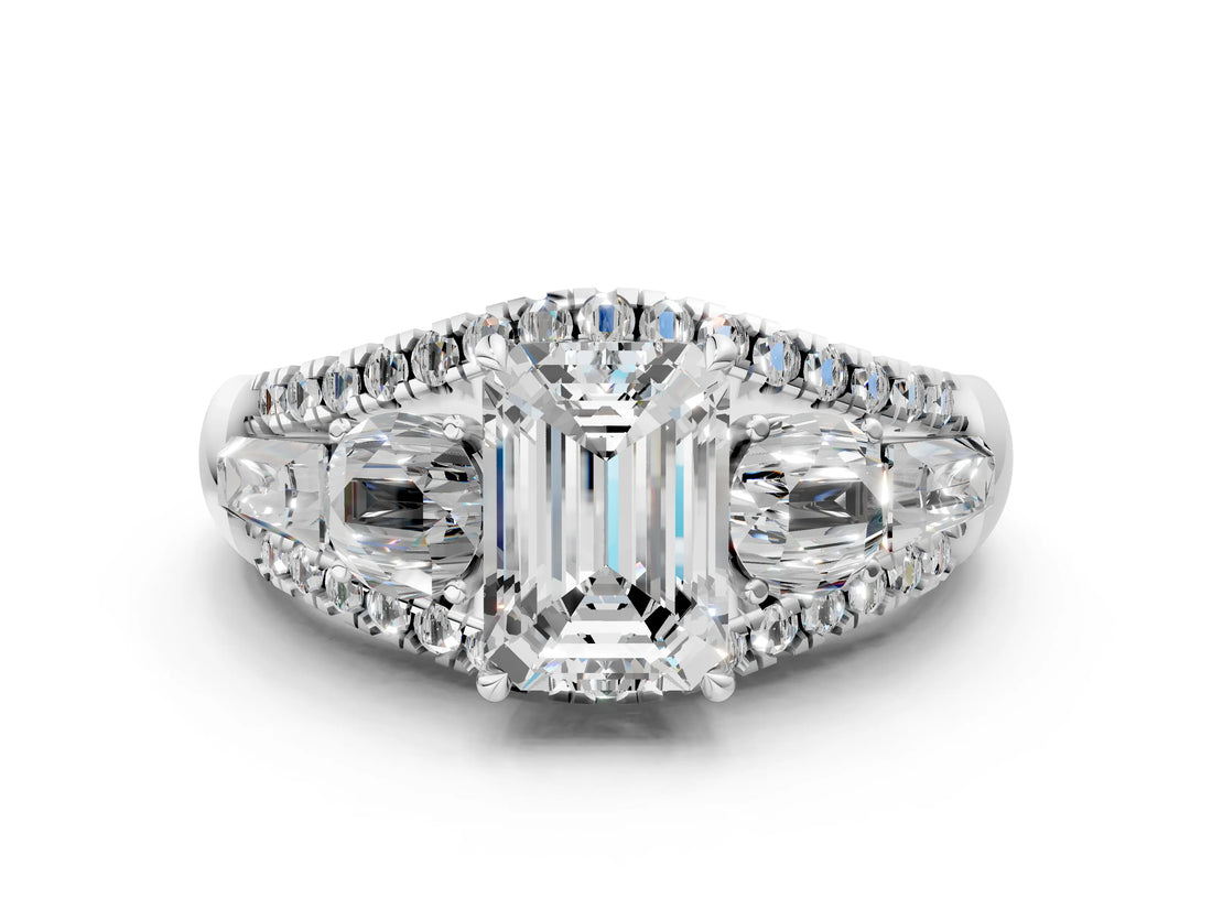 White gold Three-Stone Emerald Cut Diamond Engagement Ring with Pave Band and Prong Setting_18