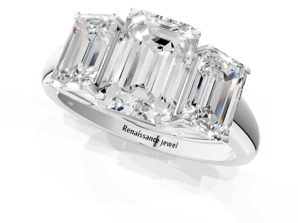 White gold Three-Stone Emerald Cut Diamond Engagement Ring with Prong Setting