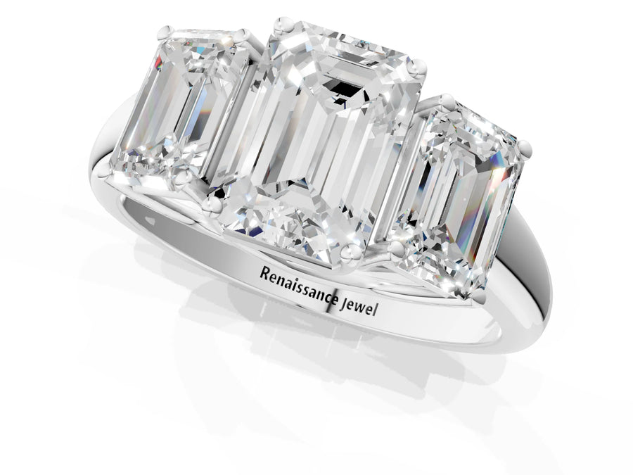White gold Three-Stone Emerald Cut Diamond Engagement Ring with Prong Setting