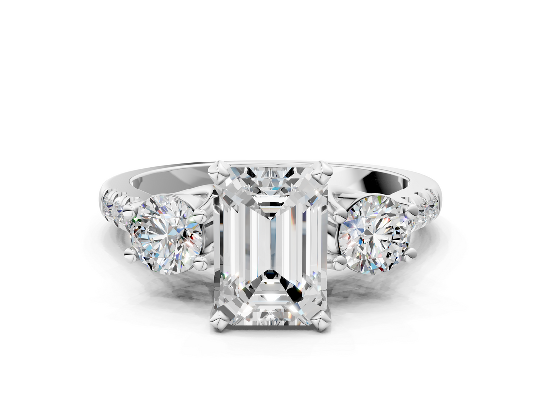 White gold Three-Stone Emerald Cut Diamond Pavé Band with Four-Prong Setting_63