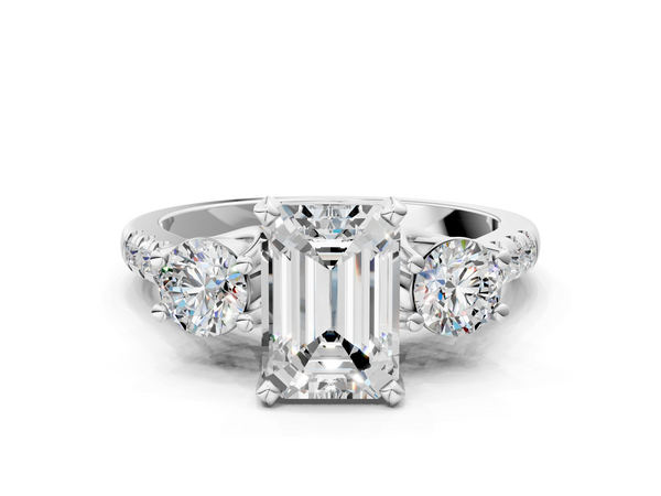 Sterling Silver Emerald Cut Three Stone Pave Engagement Ring Setting