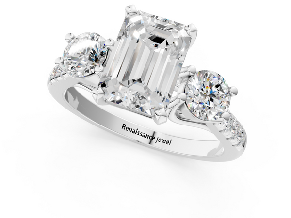 Platinum Emerald Cut Three Stone Engagement Ring Setting with Round Side Stones and Pave Shoulders
