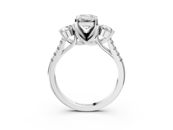 Sterling Silver Emerald Cut Three Stone Pave Engagement Ring Setting
