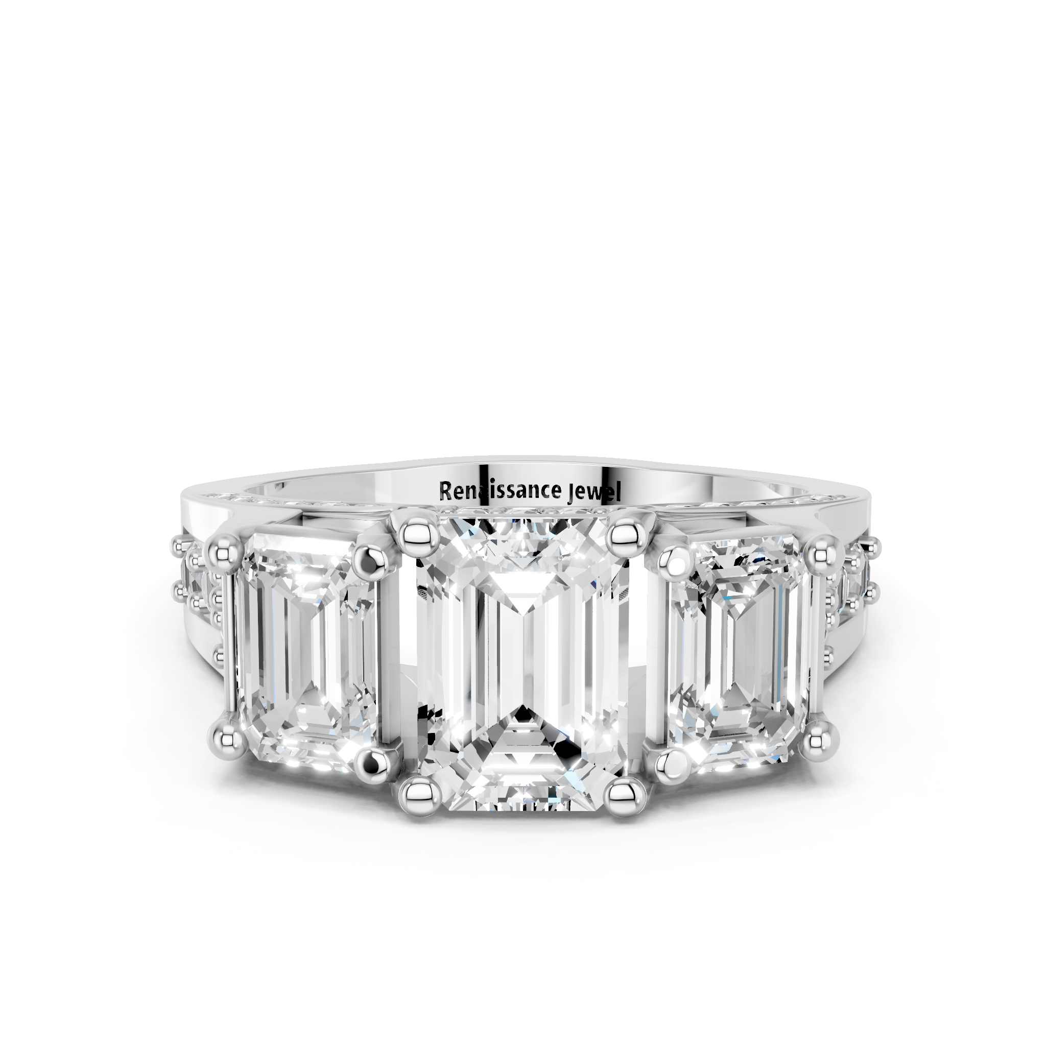 White gold Three-Stone Emerald Cut Diamond Ring with Channel-Set Band and Four-Prong Setting_14