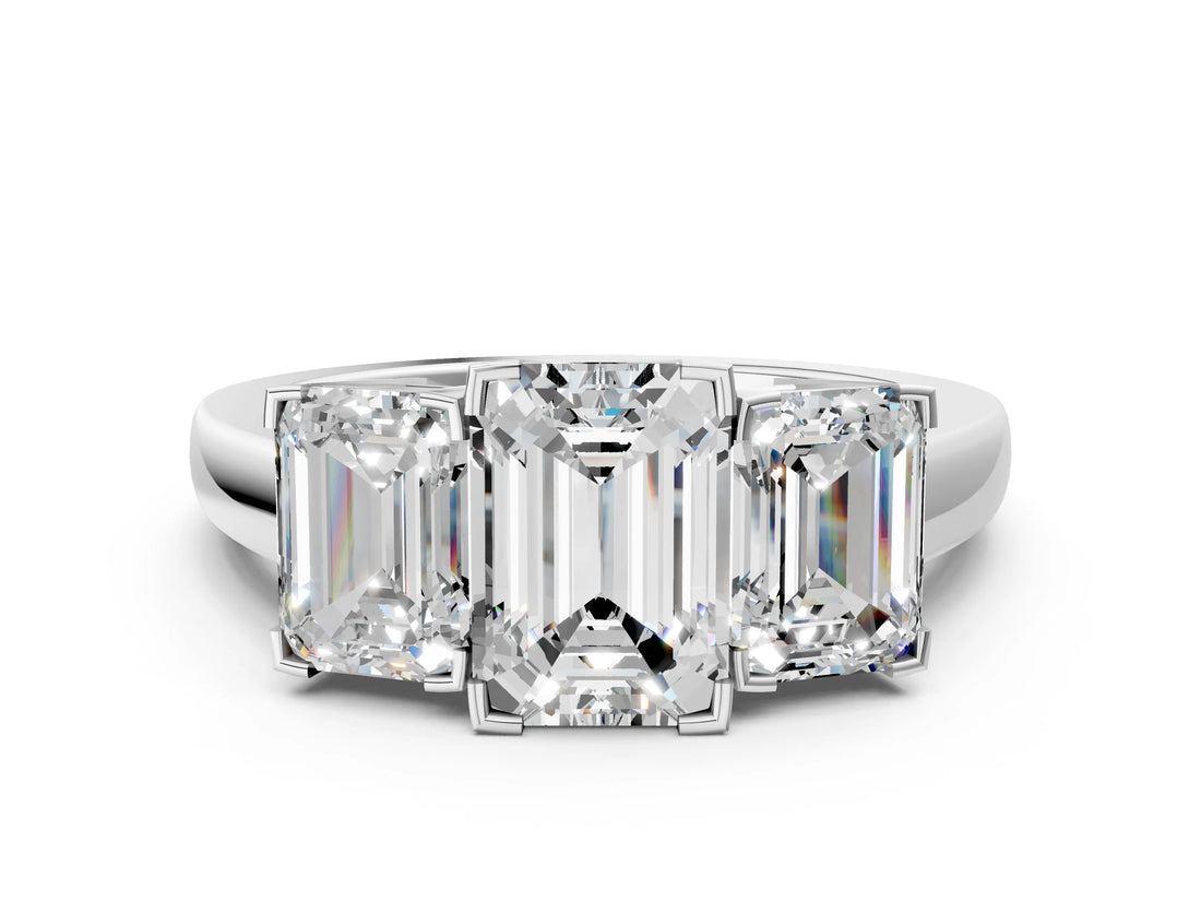 White gold Three-Stone Emerald Cut Diamond Ring with Channel Set Band and Four-Prong Setting_18
