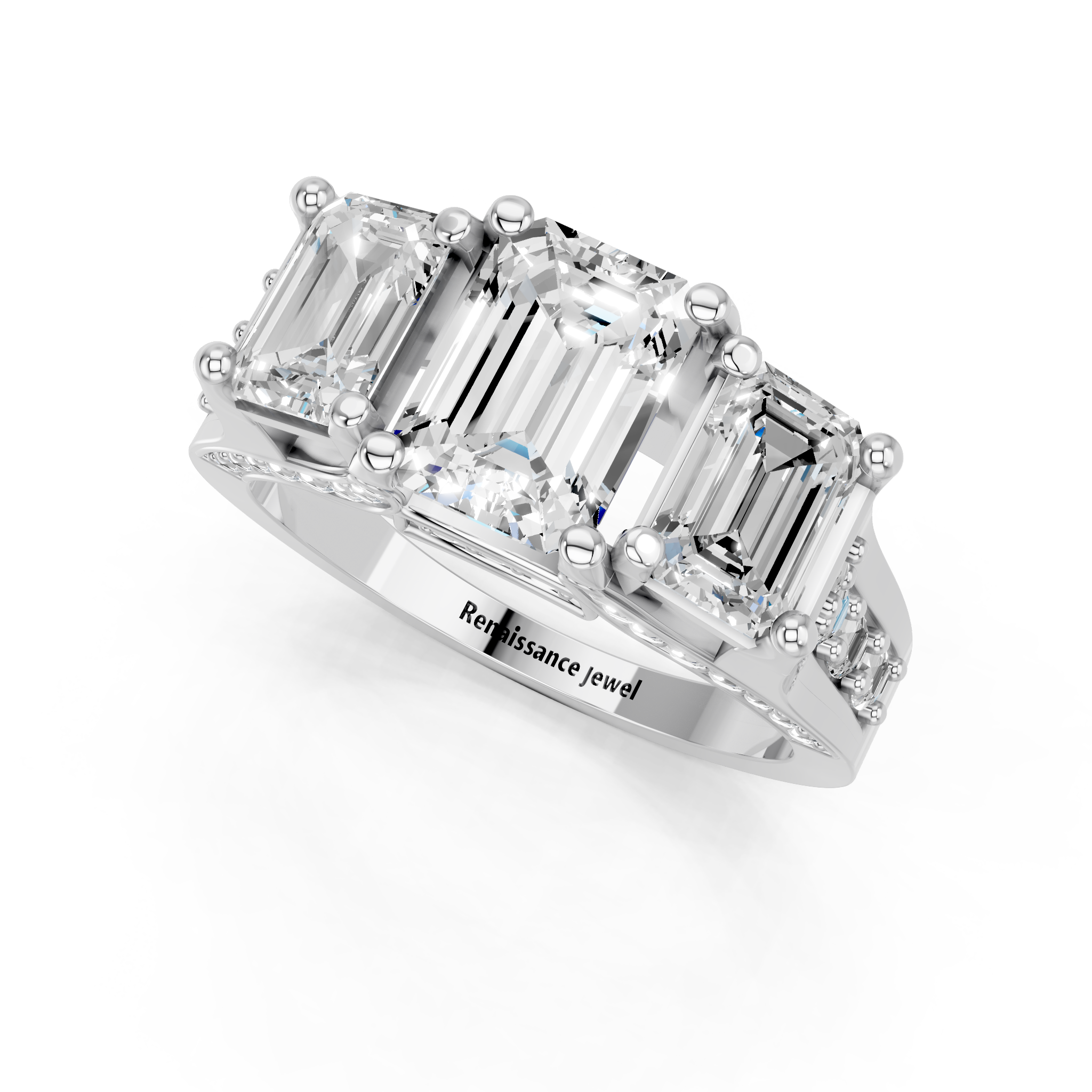 White gold Three-Stone Emerald Cut Diamond Ring with Channel-Set Band and Four-Prong Setting_3