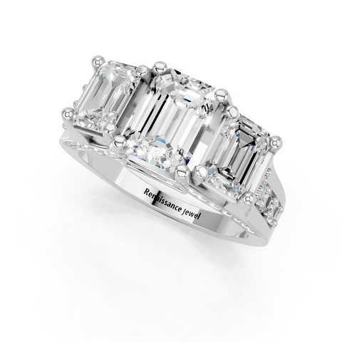 White gold Three-Stone Emerald Cut Diamond Ring with Channel-Set Band and Four-Prong Setting_3