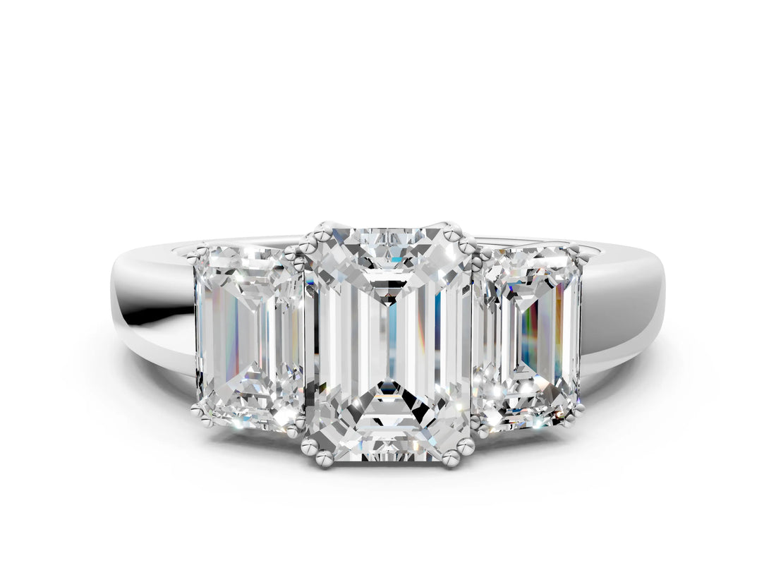 White gold Three-Stone Emerald Cut Diamond Ring with Channel Set Band and Four-Prong Setting_49