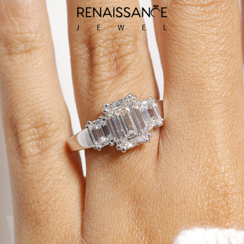White gold Three-Stone Emerald Cut Diamond Ring with Channel Set Band and Four-Prong Setting_49