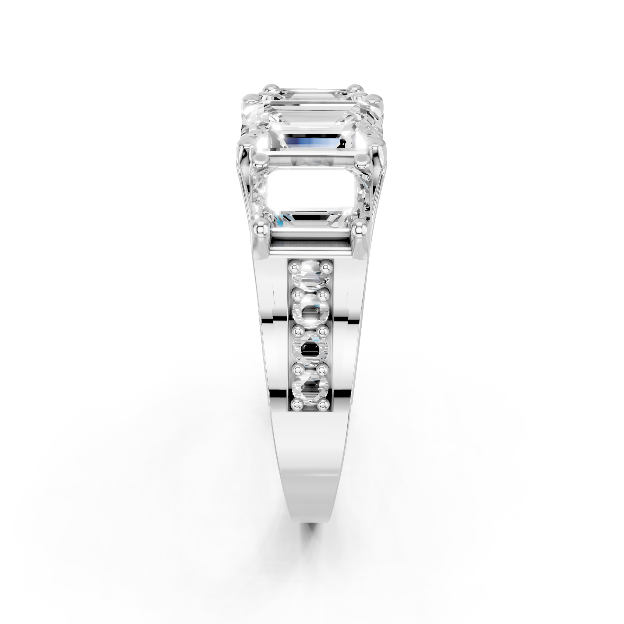 White gold Three-Stone Emerald Cut Diamond Ring with Channel-Set Band and Four-Prong Setting_4