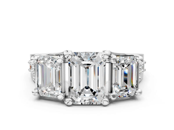 White Gold Emerald Cut Three Stone Pave Engagement Ring Setting with Near-Equal Side Stones