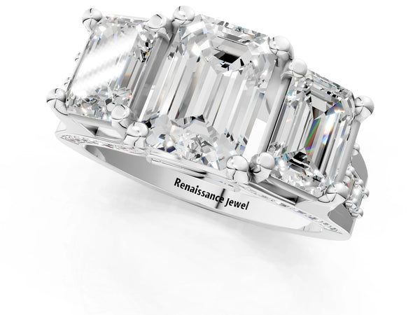 Sterling Silver Emerald Cut Three Stone Pave Engagement Ring Setting with Near-Equal Side Stones